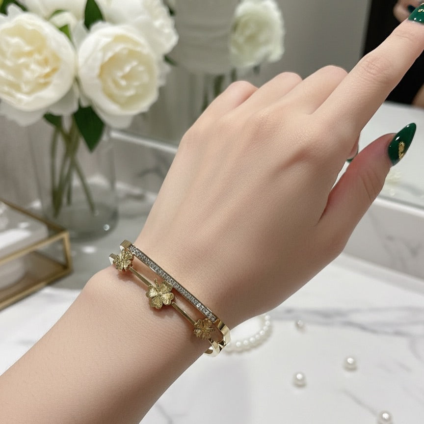 Elegant Floral Crystal Gold Cuff Bracelet – Stainless Steel Open Bangle for Women