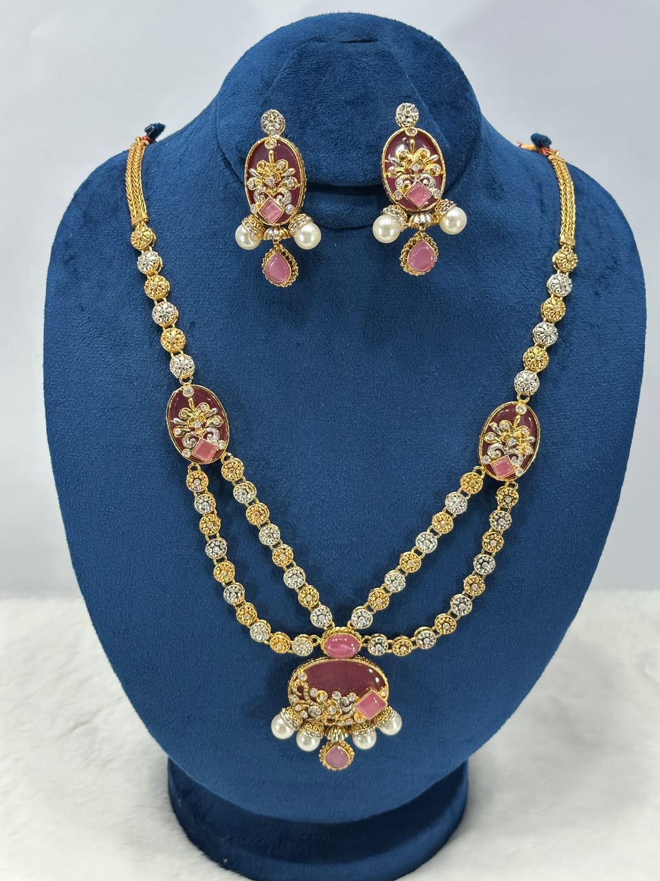 NooreZewar Maroon & Pink Double Layer Necklace Set with Pearl Earrings | Premium Bridal Jewelry