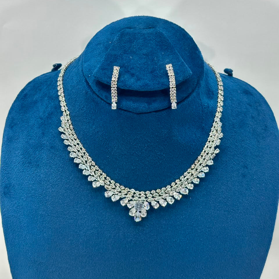 Luxury Silver Zircon Tennis Necklace Set for Women | Crystal Bridal Jewelry with Matching Earrings