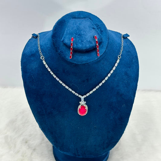 Luxury Silver Plated Ruby Red Crystal Pendant Necklace & Earrings Set for Women