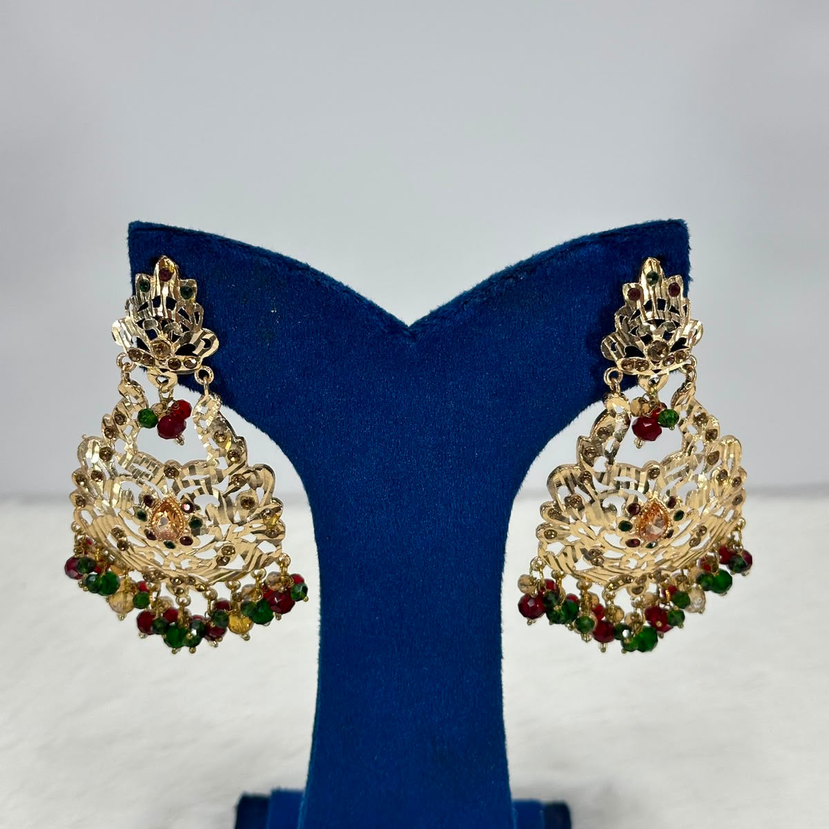 Noor Ruby & Emerald Beaded Chandbali Earrings – Gold Plated Traditional Earrings