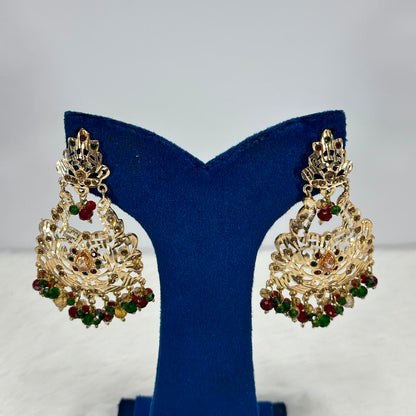 Noor Ruby & Emerald Beaded Chandbali Earrings – Gold Plated Traditional Earrings