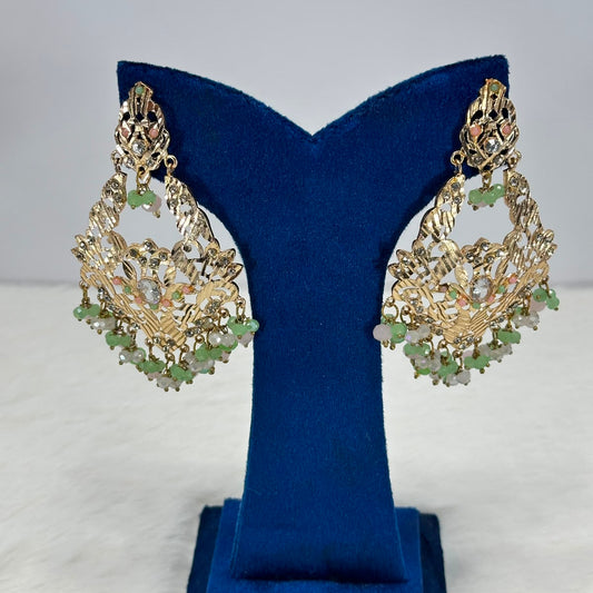 Noor Mint Beaded Chandbali Earrings – Gold Plated Party Wear Earrings