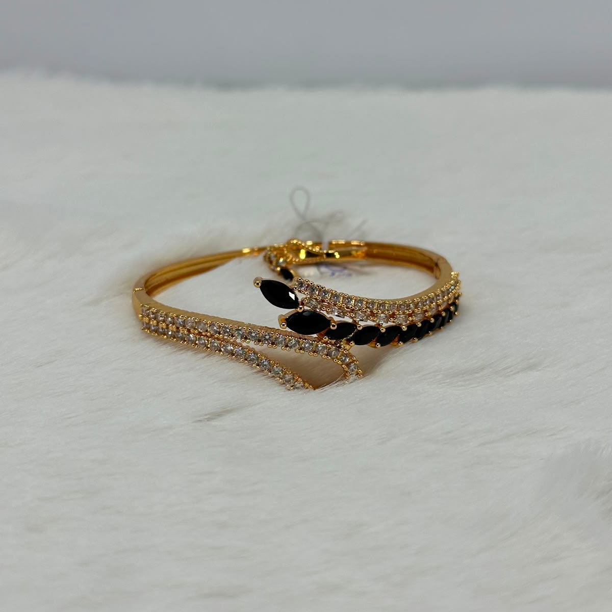 NooreZewar Elegant Black Leaf CZ Open Cuff Bracelet – Gold Plated Designer Bangle