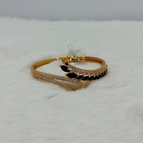 NooreZewar Elegant Black Leaf CZ Open Cuff Bracelet – Gold Plated Designer Bangle