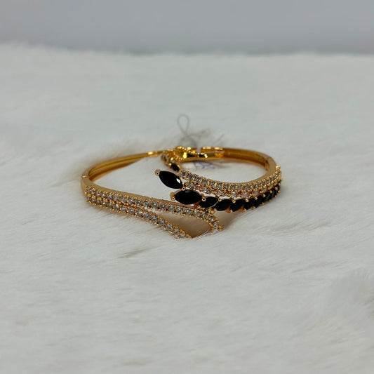 NooreZewar Elegant Black Leaf CZ Open Cuff Bracelet – Gold Plated Designer Bangle