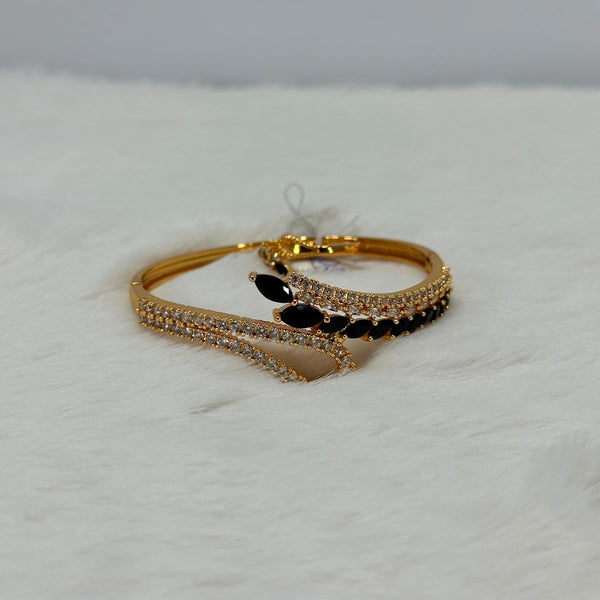 NooreZewar Elegant Black Leaf CZ Open Cuff Bracelet – Gold Plated Designer Bangle