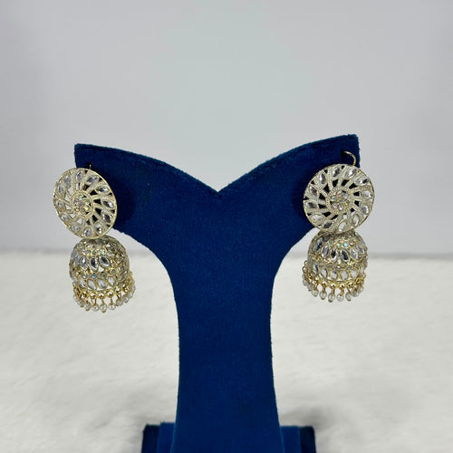 Noor-e-Zewar White Crystal Jhumka Earrings for Women | Elegant Gold-Plated Party Wear Earrings