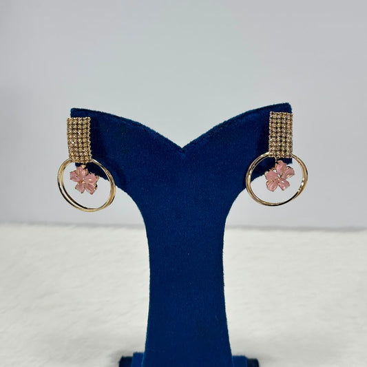 NooreZewar Elegant Pink Flower Hoop Earrings – Gold Plated Crystal Stud Earrings
