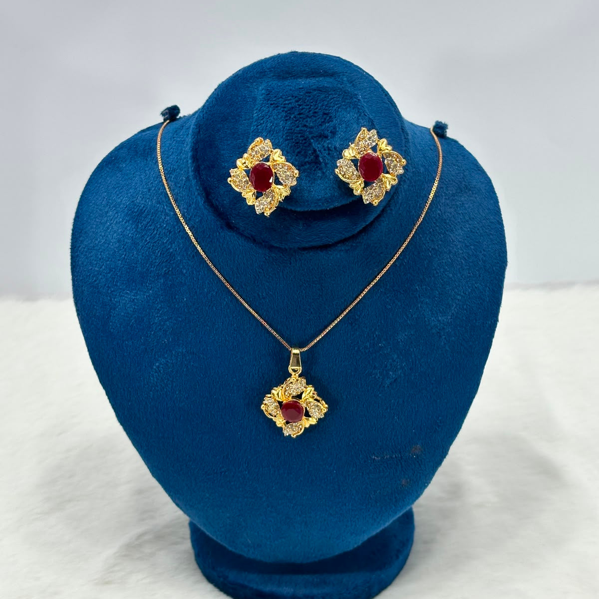 Luxury Gold Plated Ruby Crystal Pendant Necklace & Earrings Set for Women