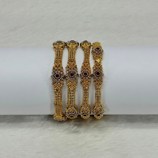 NooreZewar Antique Gold Plated Floral Kada Bangles Set for Women | Premium Bridal & Party Wear Bracelet (Set of 4)