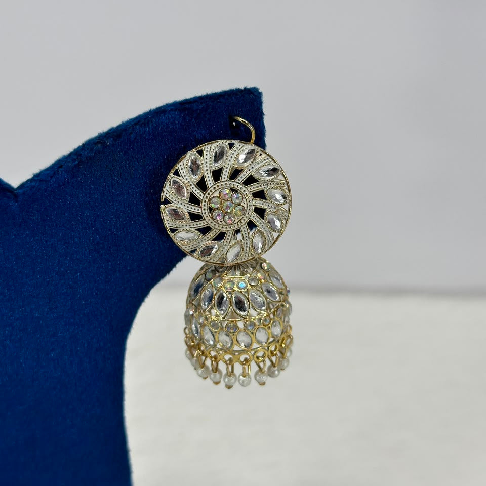 Noor-e-Zewar White Crystal Jhumka Earrings for Women | Elegant Gold-Plated Party Wear Earrings