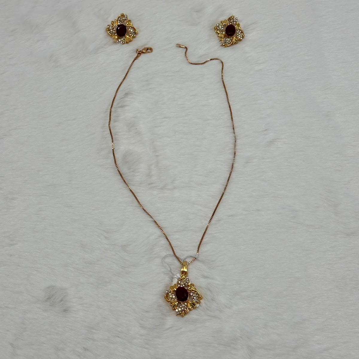 Luxury Gold Plated Ruby Crystal Pendant Necklace & Earrings Set for Women
