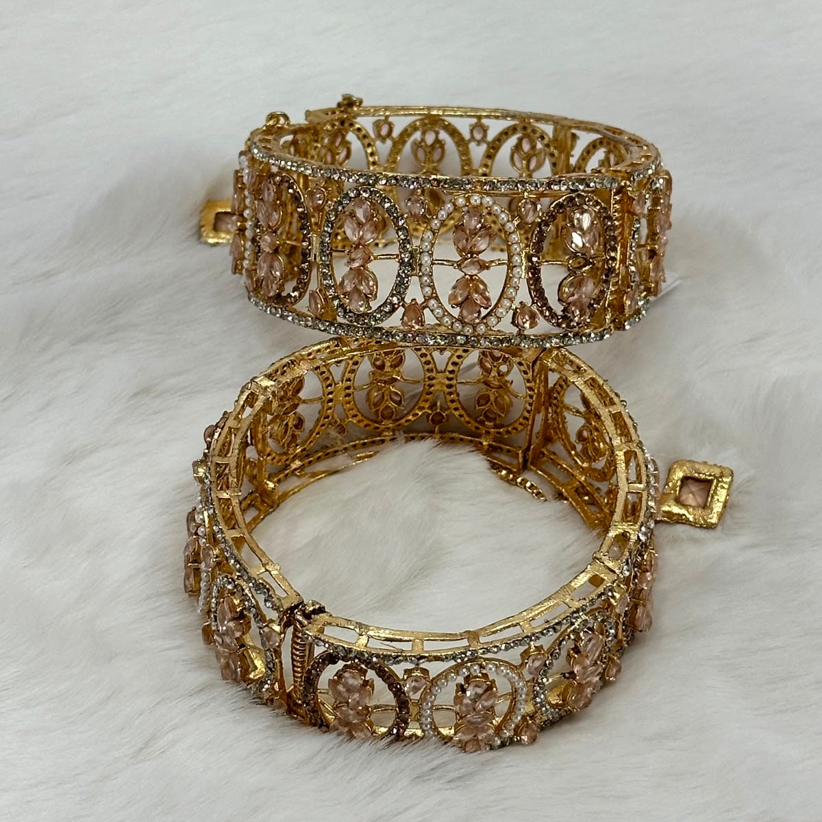 NooreZewar Luxury Rose Gold Crystal Openwork Bangles Pair – Premium Bridal Bracelet