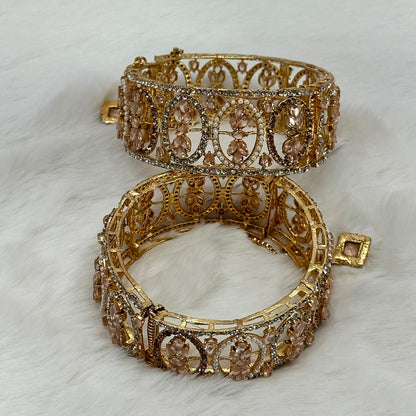 NooreZewar Luxury Rose Gold Crystal Openwork Bangles Pair – Premium Bridal Bracelet