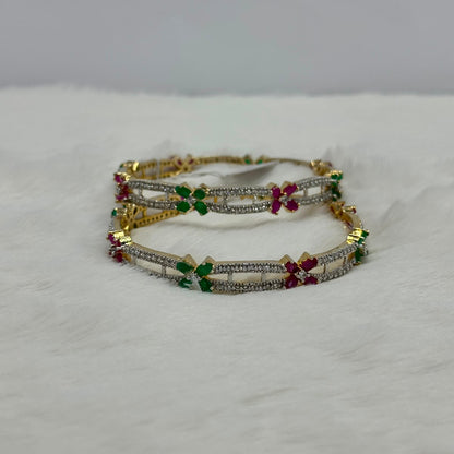 NooreZewar Premium Floral CZ Bangles Pair – Multicolor Stone