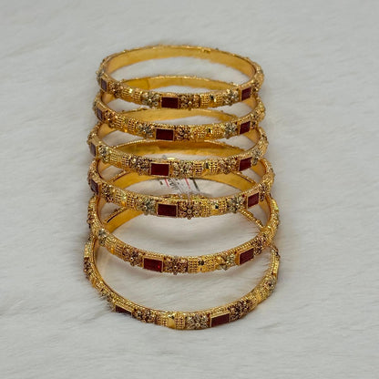 NooreZewar Antique Gold Plated Ruby Red Stone Bangles Set for Women | Size 2.5 | Bridal Wedding & Party Wear Choori Set (Set of 6)