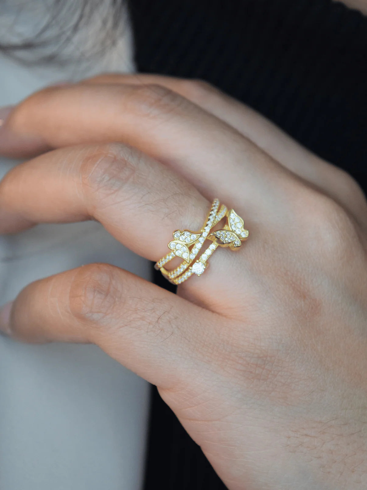 Butterfly Open Ring for Women – Gold Plated CZ Crystal Adjustable Statement Ring