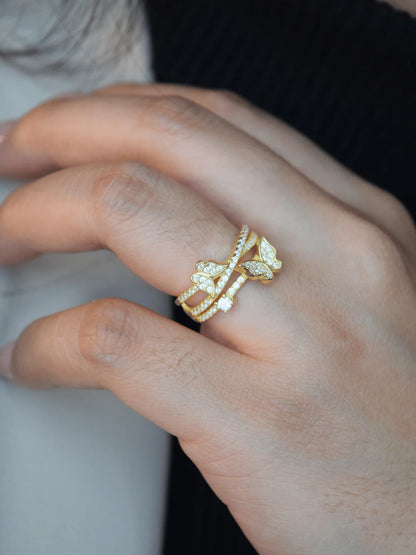 Butterfly Open Ring for Women – Gold Plated CZ Crystal Adjustable Statement Ring