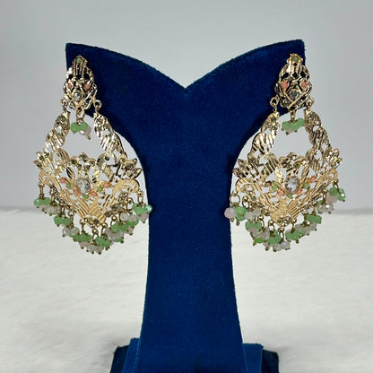 Noor Mint Beaded Chandbali Earrings – Gold Plated Party Wear Earrings