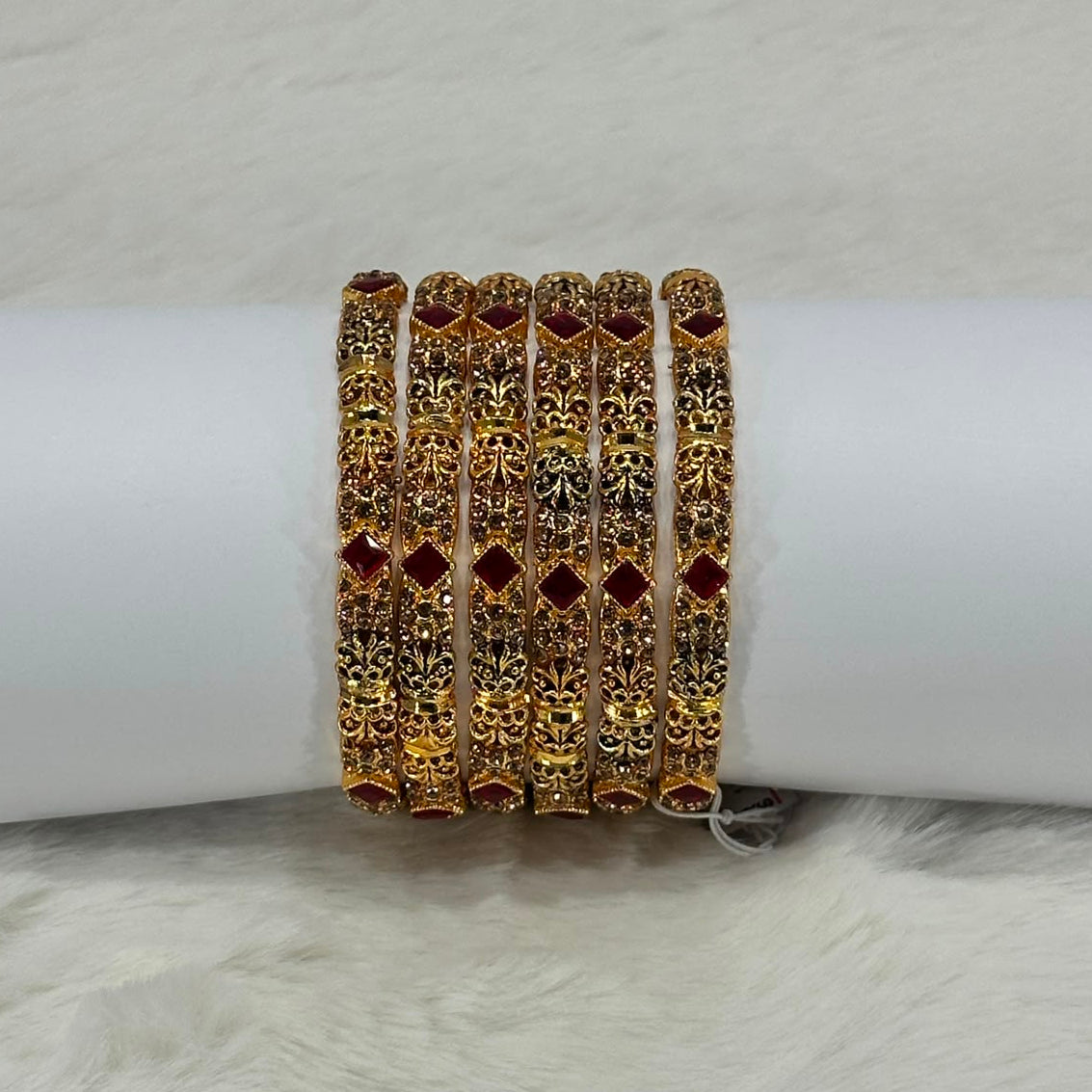NooreZewar Antique Gold Plated Red Stone Bangles Set for Women | Traditional Bridal, Wedding & Party Wear Choori Set (Set of 6)