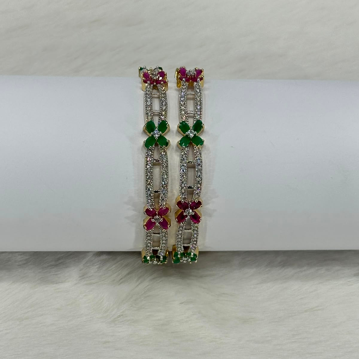 NooreZewar Premium Floral CZ Bangles Pair – Multicolor Stone