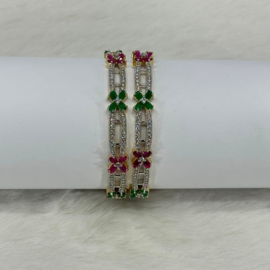 NooreZewar Premium Floral CZ Bangles Pair – Multicolor Stone