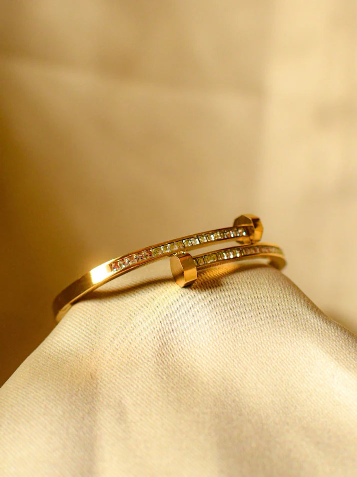 NooreZewar Luxury Gold Nail Bracelet for Women | Premium Cubic Zirconia Open Cuff Bangle