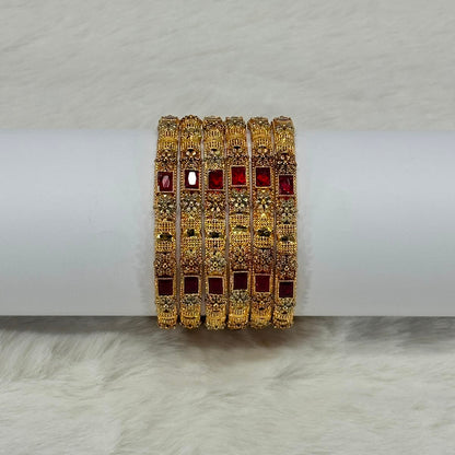 NooreZewar Antique Gold Plated Ruby Red Stone Bangles Set for Women | Size 2.5 | Bridal Wedding & Party Wear Choori Set (Set of 6)