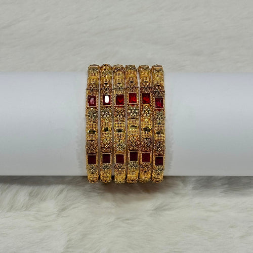 NooreZewar Antique Gold Plated Ruby Red Stone Bangles Set for Women | Size 2.5 | Bridal Wedding & Party Wear Choori Set (Set of 6)