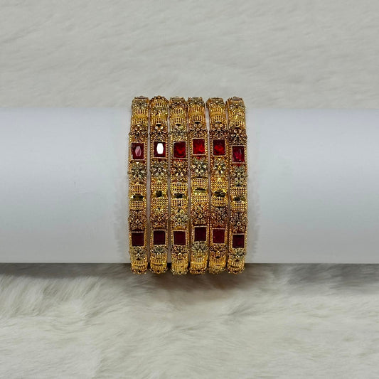 NooreZewar Antique Gold Plated Ruby Red Stone Bangles Set for Women | Size 2.5 | Bridal Wedding & Party Wear Choori Set (Set of 6)