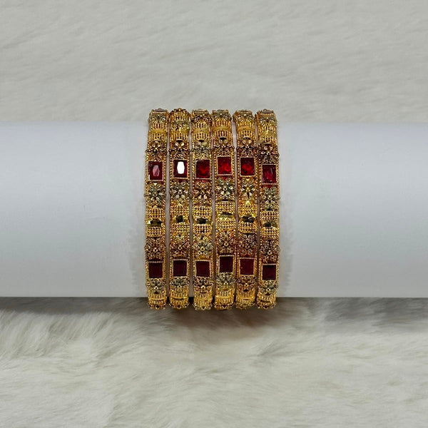 NooreZewar Antique Gold Plated Ruby Red Stone Bangles Set for Women | Size 2.5 | Bridal Wedding & Party Wear Choori Set (Set of 6)
