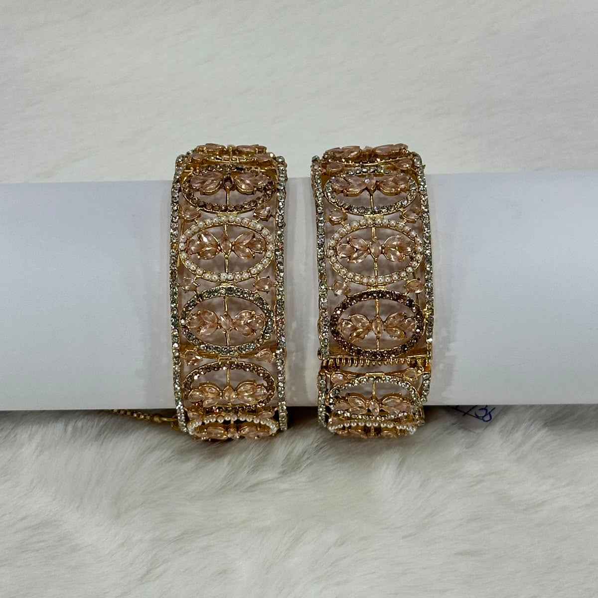 NooreZewar Luxury Rose Gold Crystal Openwork Bangles Pair – Premium Bridal Bracelet