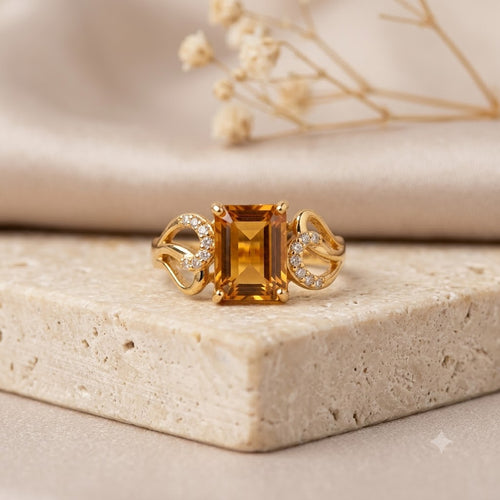 Golden Citrine Statement Ring – 18K Gold Plated Stainless Steel Emerald Cut Ring for Women