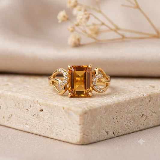 Golden Citrine Statement Ring – 18K Gold Plated Stainless Steel Emerald Cut Ring for Women