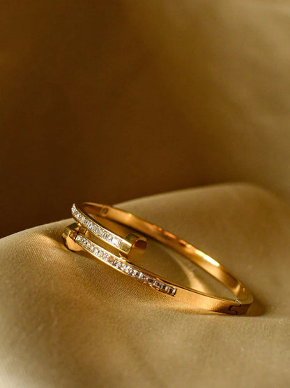 NooreZewar Luxury Gold Nail Bracelet for Women | Premium Cubic Zirconia Open Cuff Bangle