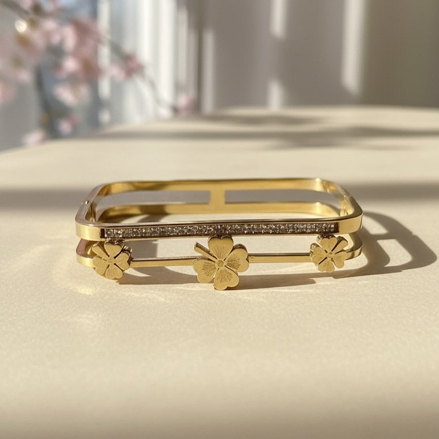 Elegant Floral Crystal Gold Cuff Bracelet – Stainless Steel Open Bangle for Women