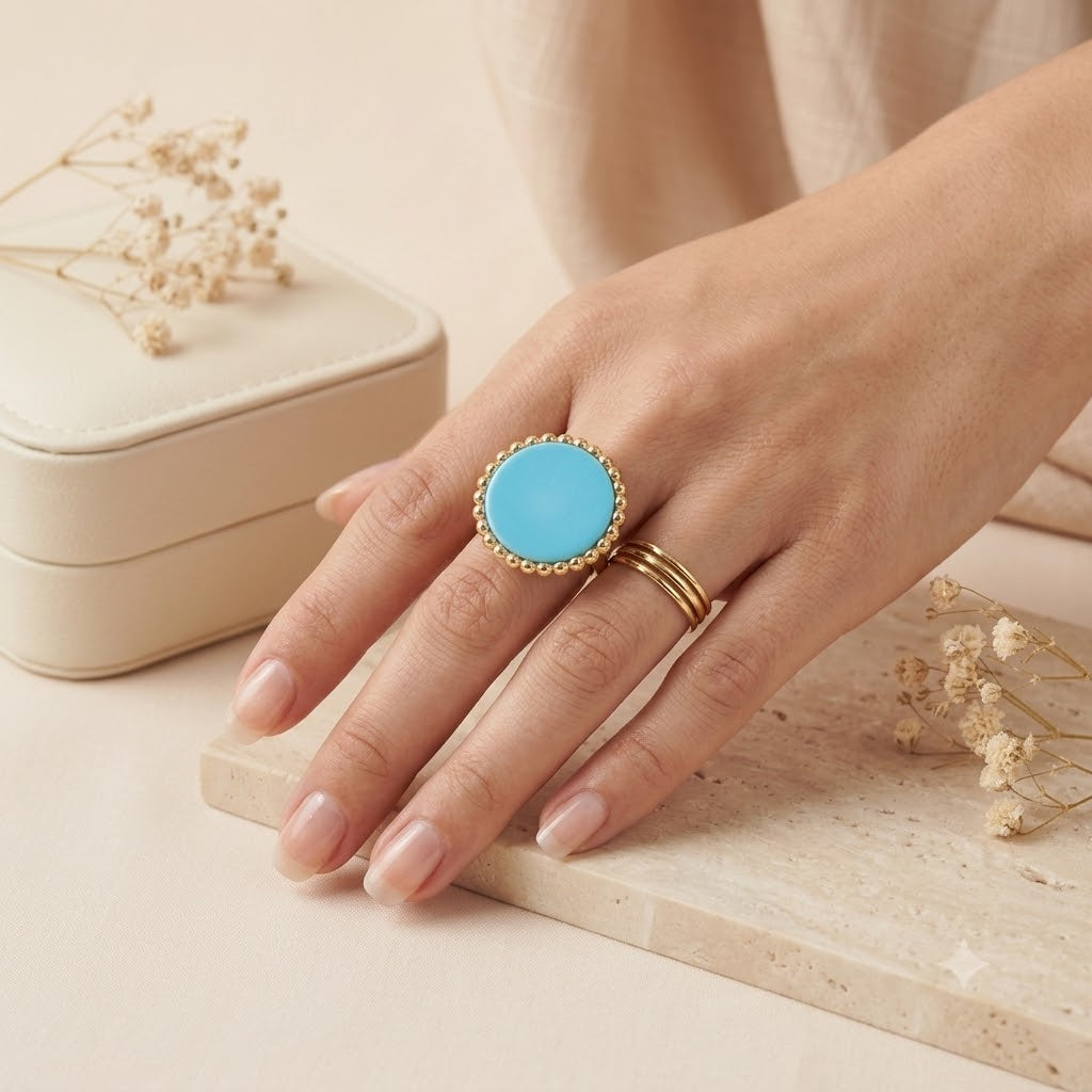 Turquoise Blue Statement Ring – Gold Plated Stainless Steel Adjustable Ring for Women