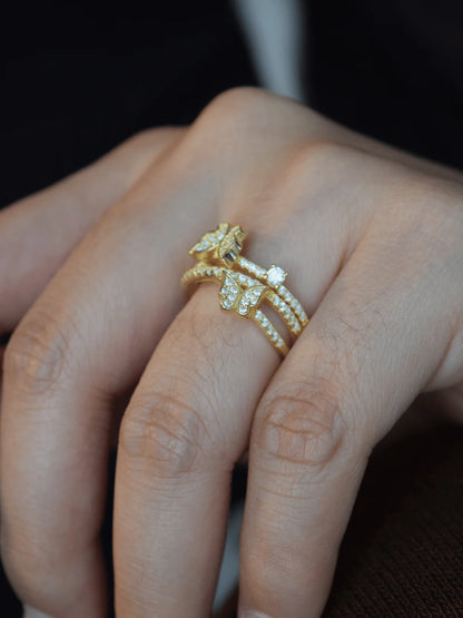 Butterfly Open Ring for Women – Gold Plated CZ Crystal Adjustable Statement Ring