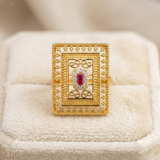 Vintage Ruby Statement Ring – 18K Gold Plated Stainless Steel Adjustable Ring for Women