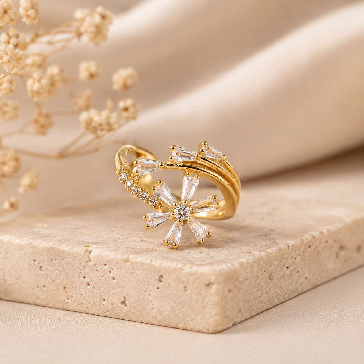 Luxury Gold-Plated Crystal Flower Ring for Women | Adjustable Elegant Statement Ring
