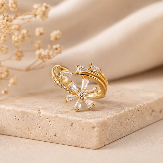 Luxury Gold-Plated Crystal Flower Ring for Women | Adjustable Elegant Statement Ring