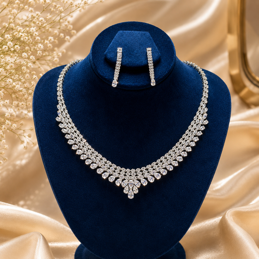 Luxury Cubic Zirconia Bridal Jewelry Set – Silver Crystal Necklace & Drop Earrings for Women | Wedding & Party Necklace Set
