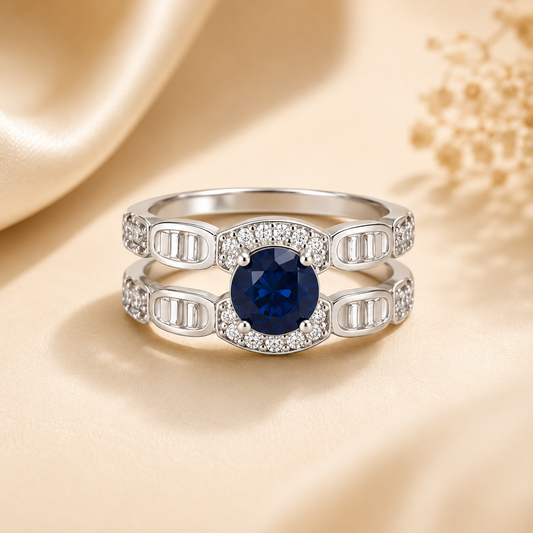 Luxury Silver Sapphire Halo Ring with Blue Round Cut CZ Stone | Elegant Women's Promise & Engagement Ring