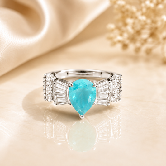 Luxury Pear Cut Turquoise Blue CZ Ring in Silver | Elegant Statement & Engagement Ring for Women