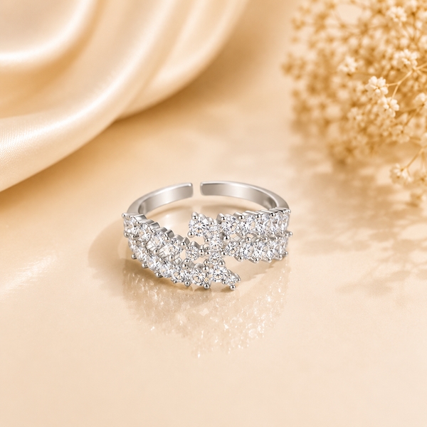 Luxury Adjustable Silver Crystal Flower Ring for Women | Elegant Zircon Open Band Ring