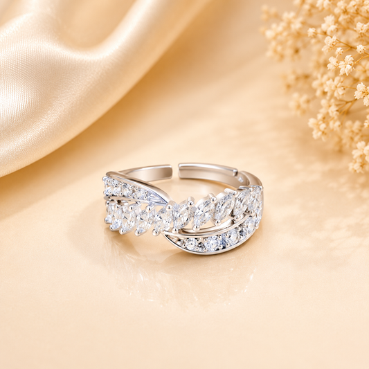 Luxury Adjustable Marquise Cut Zircon Ring for Women | Elegant Silver Open Band Ring