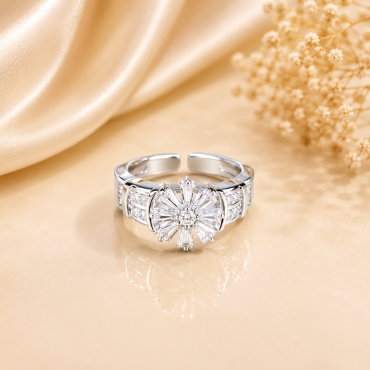 Luxury Adjustable Sunburst Zircon Ring for Women | Silver Statement Open Band Ring
