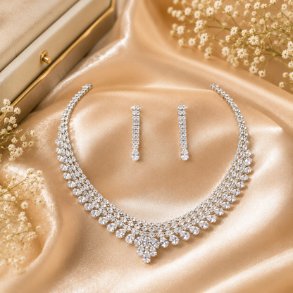 Luxury Cubic Zirconia Bridal Jewelry Set – Silver Crystal Necklace & Drop Earrings for Women | Wedding & Party Necklace Set
