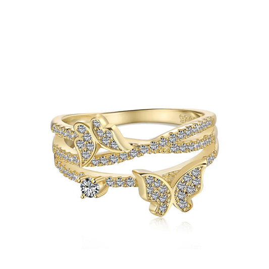 Butterfly Open Ring for Women – Gold Plated CZ Crystal Adjustable Statement Ring